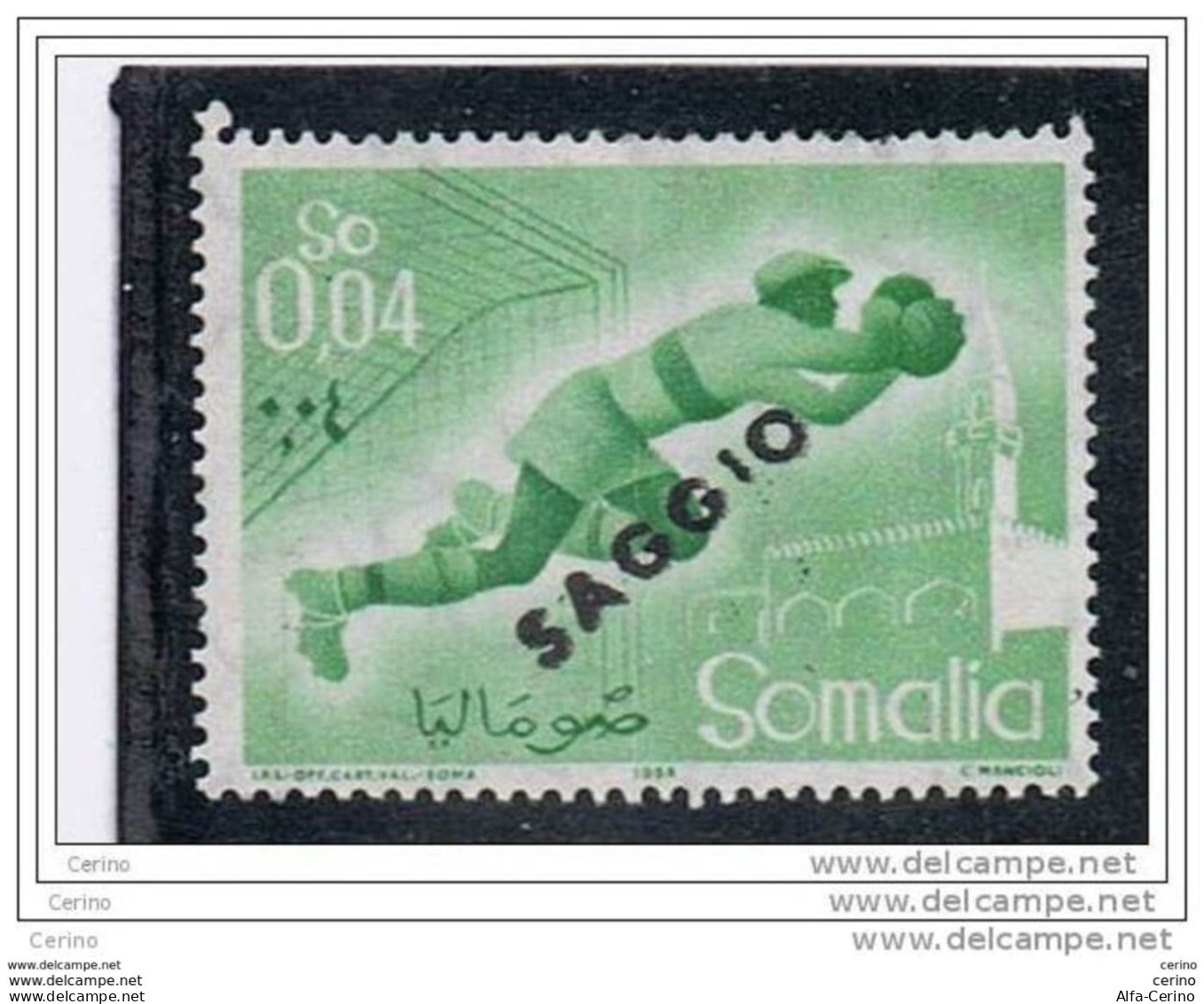 SOMALIA AFIS:  1958  SPORTS  -  SOPRASTAMPATO  " SAGGIO "  -  4 C. VERDE  GIALLO  N. -  SASS. 51 - Somalia (AFIS)