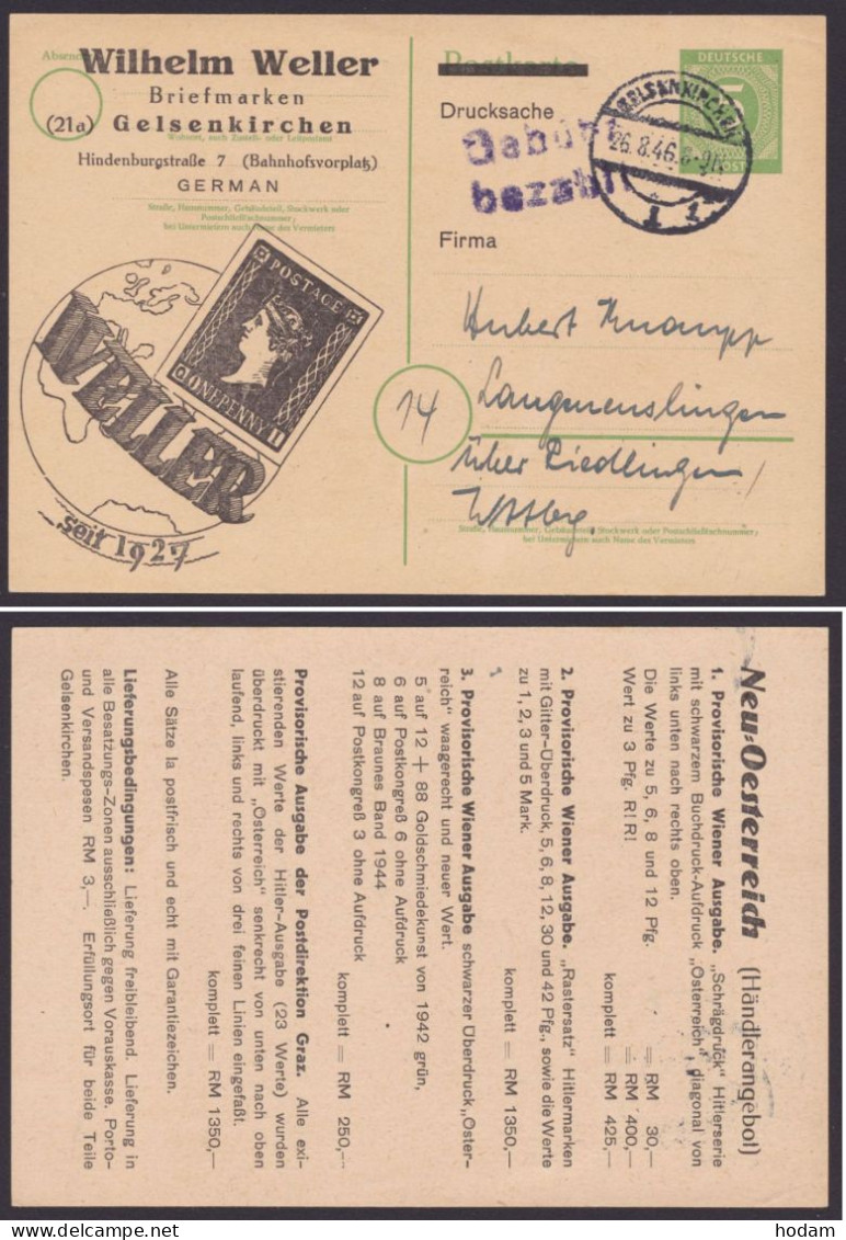 Gelsenkirchen: P950, O, Bedarfsdrucksache, L2 "Gebühr Bezahlt", Beidseitiger Zudruck "Wilhelm Weller" - Briefe U. Dokumente