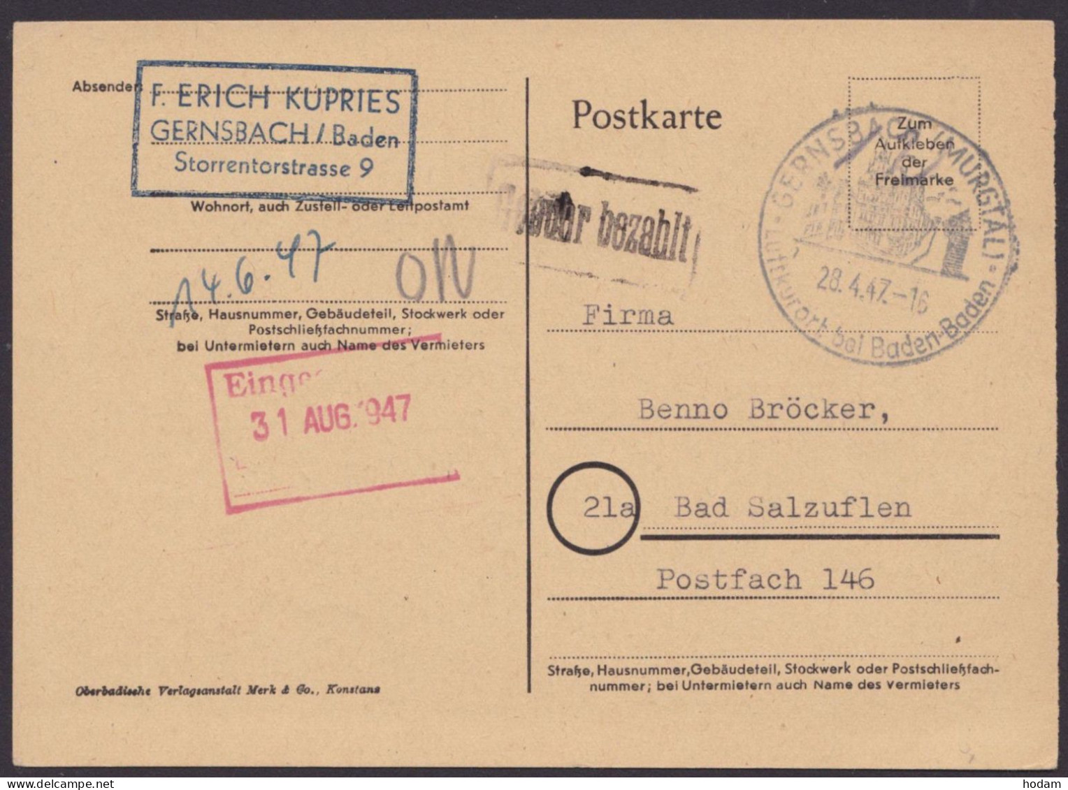 Gernsbach/Baden: Bedarfskarte, O, Ra "Gebühr Bezahlt", 28.4.47 - Covers & Documents