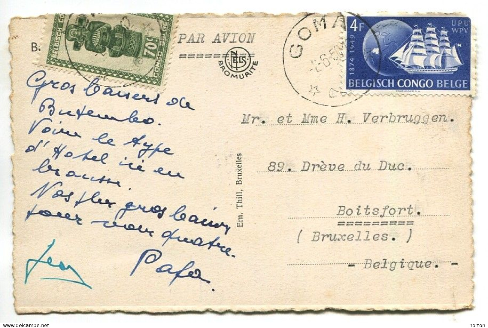 Congo Goma Oblit. Keach 8A1 Sur C.O.B. 283 + 297 Sur Carte Postale Vers Boitsfort Le 02/06/1950 - Briefe U. Dokumente