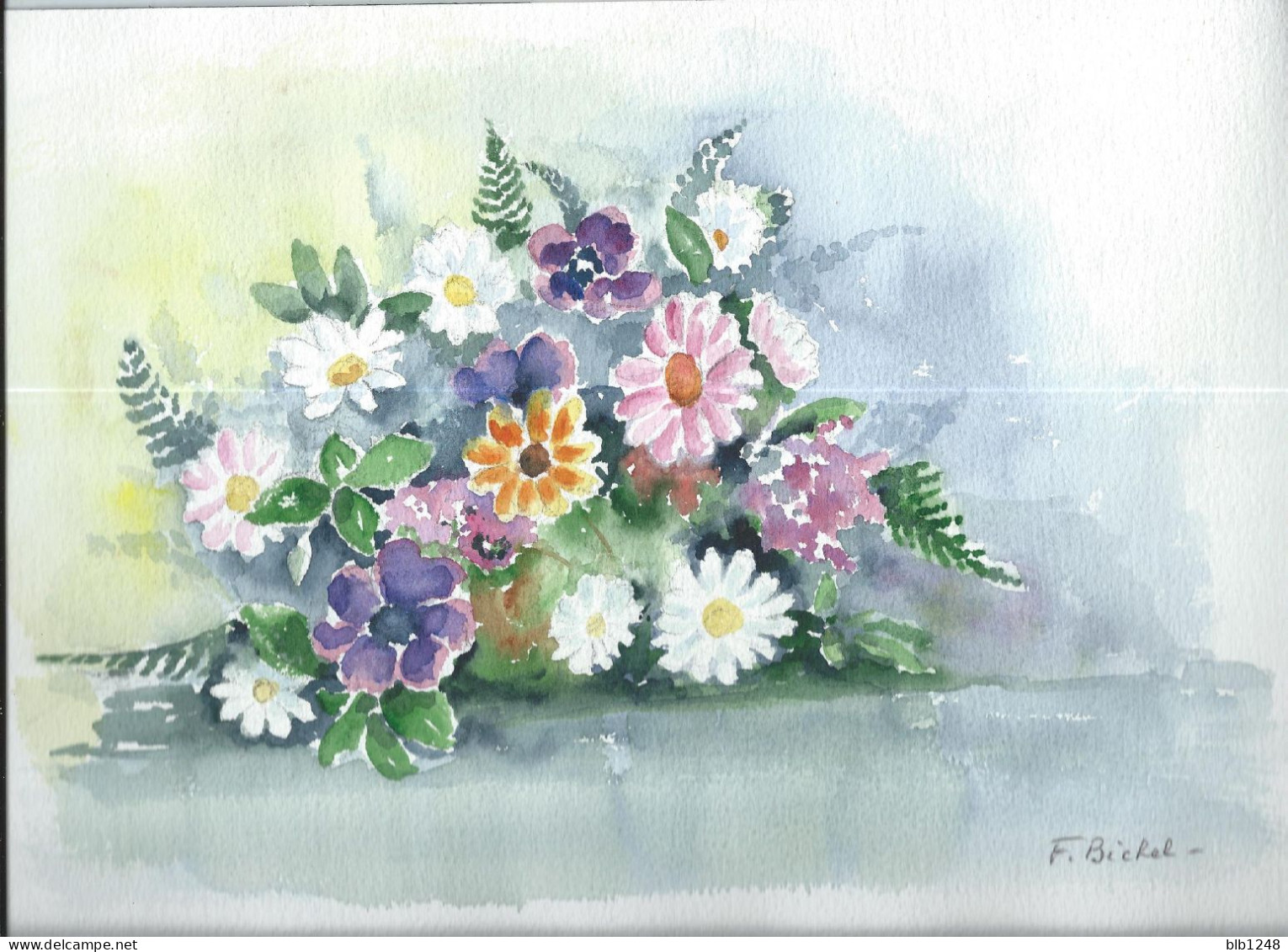 Art & Antiquités > Tableaux > Bouquet De Fleurs Veritable Aquarelle De F Bichel - Acuarelas