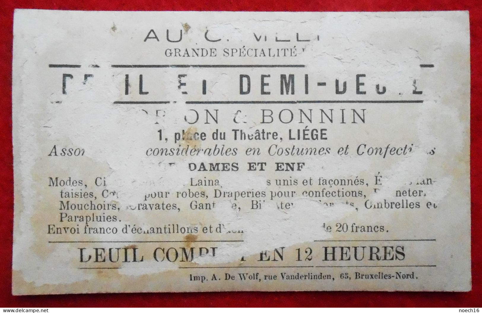 Chromo Publicité. Au Camélia, Place Du Théâtre, Liège. Lorion & Bonin. Deuil & Demi Deuil "A Aïe" - Autres & Non Classés