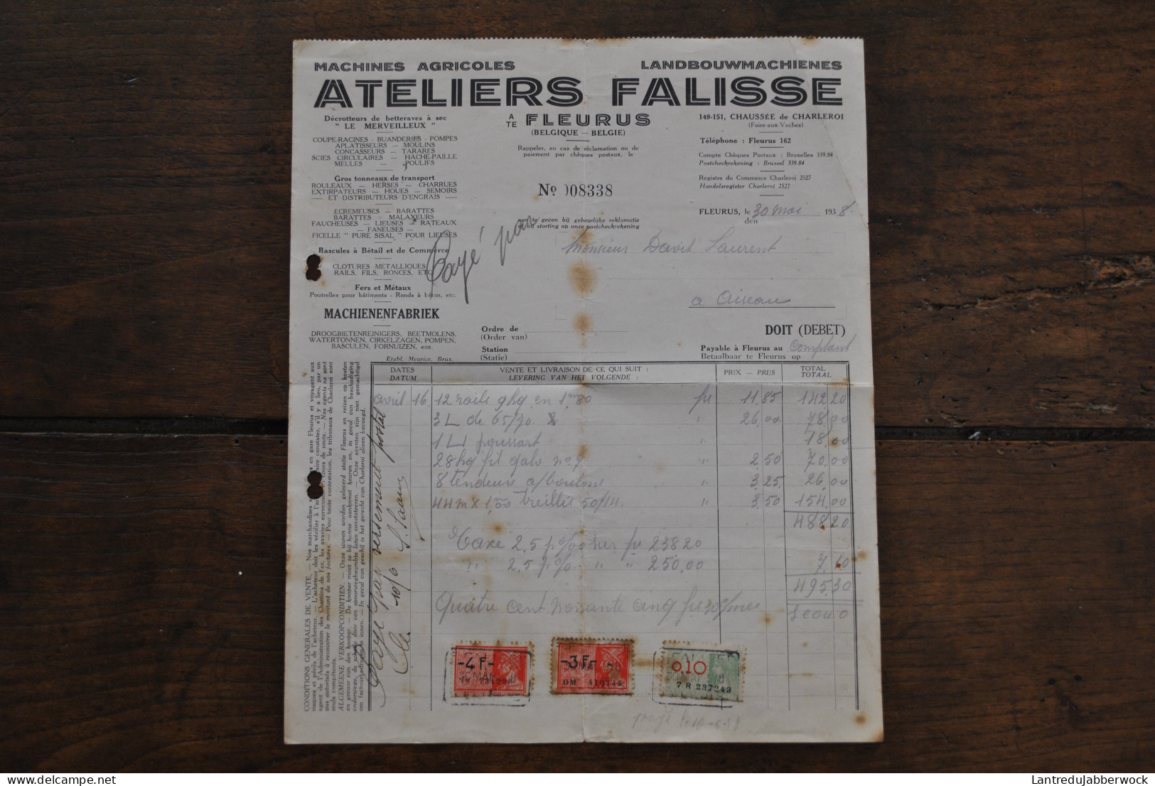 Ancienne Facture 1938 Ateliers FALISSE Fleurus Machines Agricoles Landbouwmachienes Timbres Fiscaux - 1900 – 1949