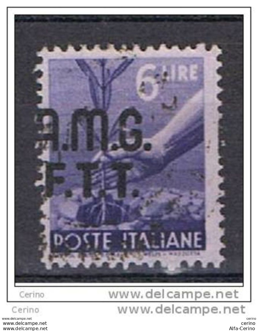 TRIESTE  A  -  VARIETA':  1947  DEMOCRATICA  -  £. 6  VIOLETTO  US. -  SOPRASTAMPA  SPOSTATA  A  SX. -  SASS. 8 A - Afgestempeld