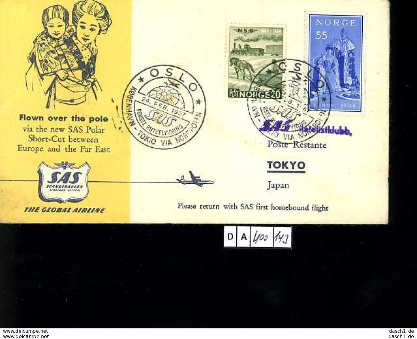 Norwegen, Erstflugbeleg, Kopenhagen - Tokio Via Nordpol, 1957 - Briefe U. Dokumente