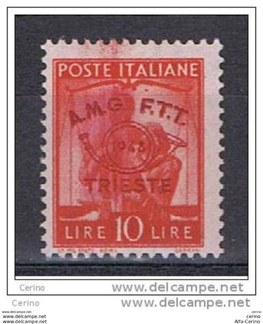 TRIESTE  A  -  VARIETA':  1948  DEMOCRATICA  -  £. 10  ARANCIO  N. -  STRISCIA  VERTICALE  DI  INCHIOSTRO  -  SASS. 31 - Nuovi