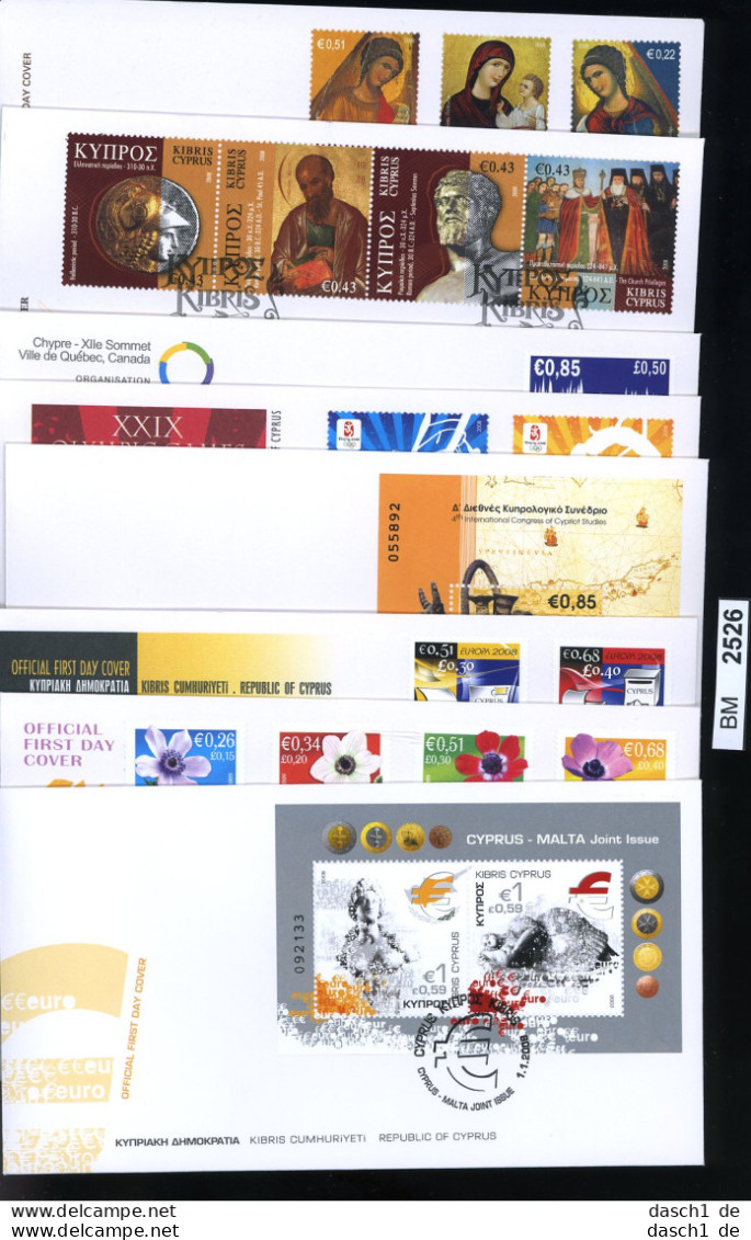 BM2526, Zypern. O, 2008, 8 FDC, Ex. Block 28-1143  - Storia Postale