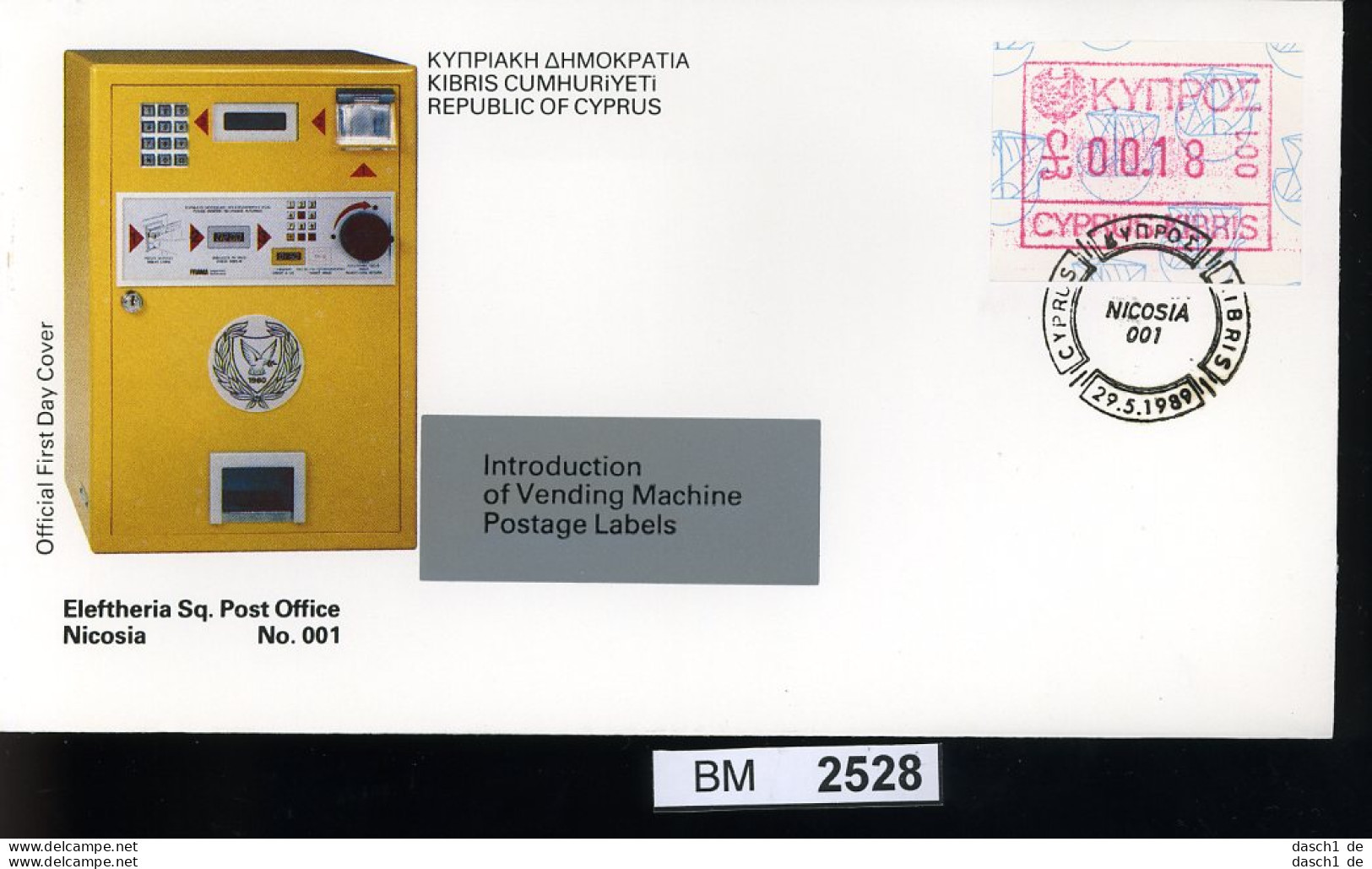 BM2528, Zypern. O, 1989, 1 FDC, ATM Nicosia No. 001 - Lettres & Documents