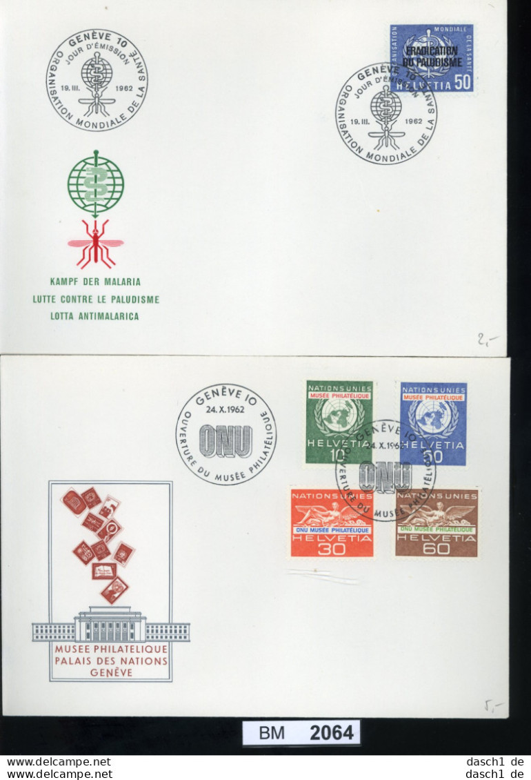 BM2064, Schweiz - Ausgaben Internationaler Organisationen, FDC, 1962, OMS, ONU - Sammlungen