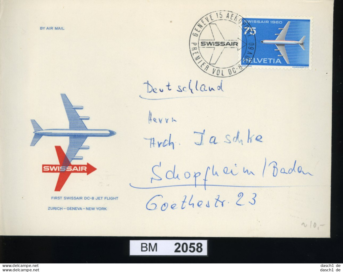 BM2058, Schweiz, 1960, 695, Erstflug Zürich-Genf-New York - First Flight Covers