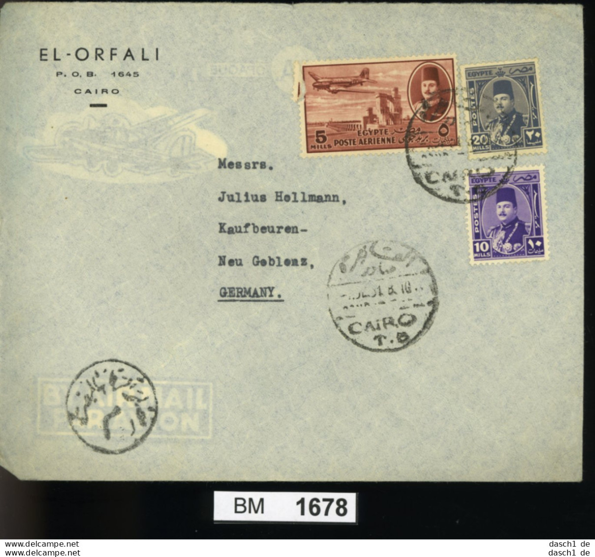 BM1678, Ägypten, O, Luftpostbrief Gelaufen, MF, 20.07.1951, Alexandria - Kaufbeuren - Briefe U. Dokumente