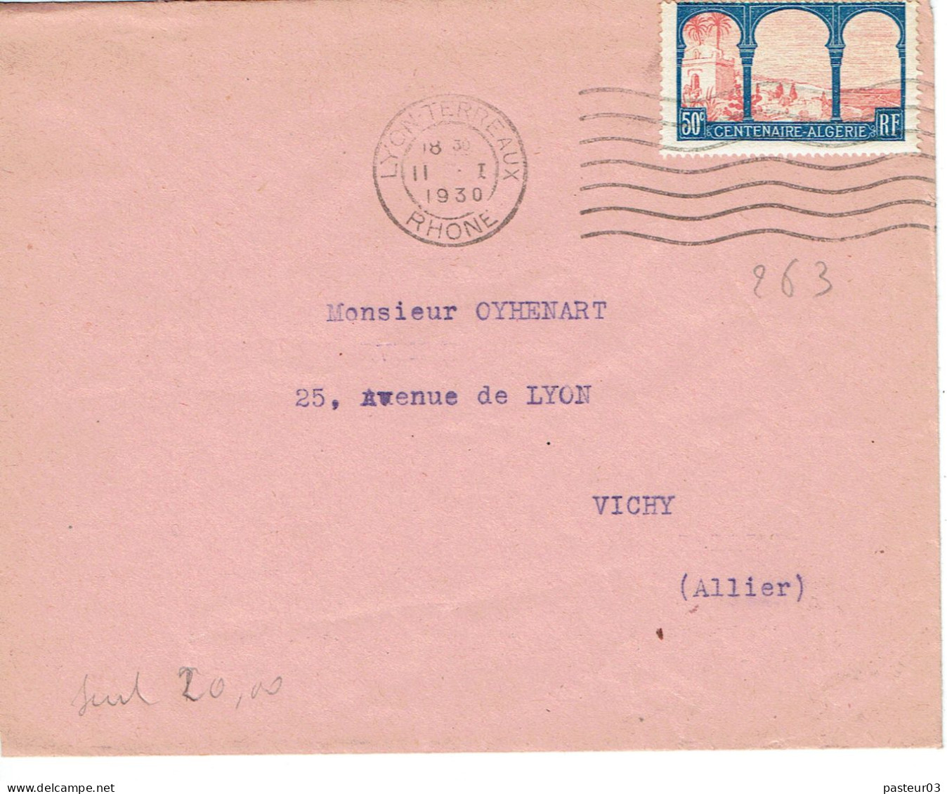 263 Centenaire De L'Algérie 50 C. Lettre Flamme Flier 13-1-1930 Lyon Terreaux - Francobolli  Di Franchigia Militare