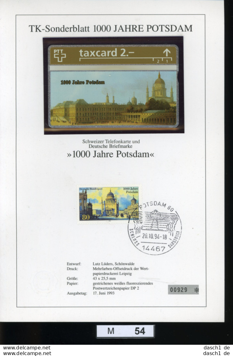 M054, Deutschland-Schweiz, Telefonkarte, 2 SFr, TK-S-blatt, 1000 Jahre Potsdamm - Opérateurs Télécom