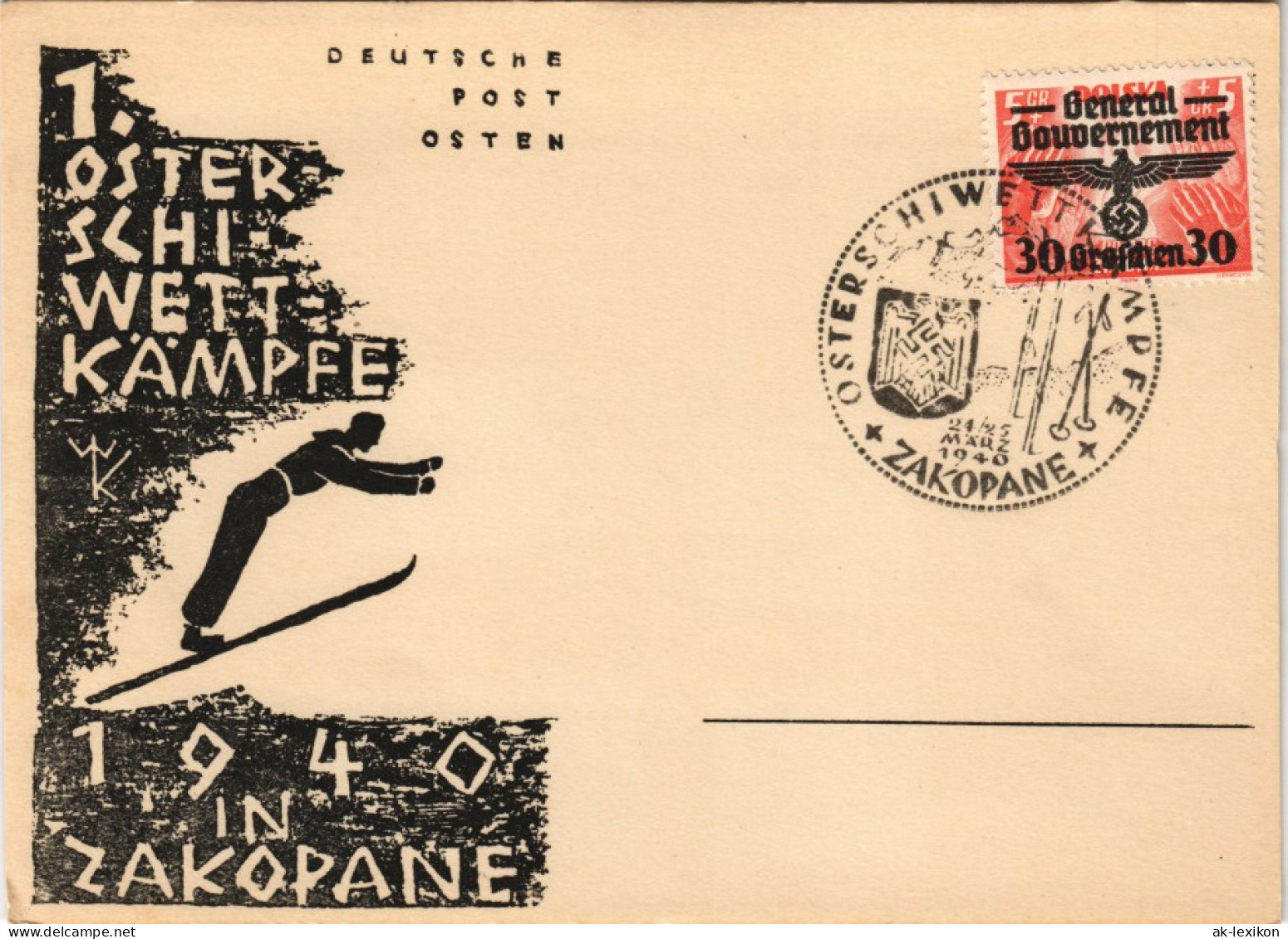 Postcard Zakopane Ganzsache Skispringen Gel. General Gouvernement 1940 - Poland