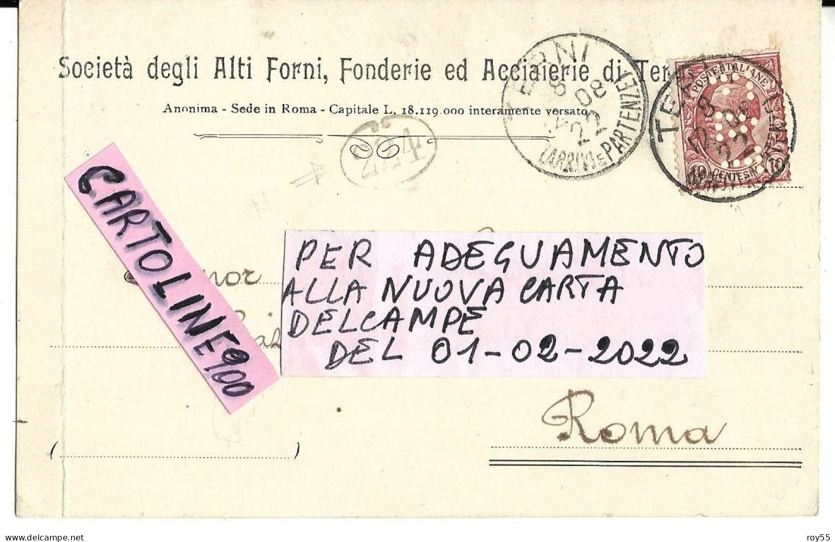 Umbria Terni Cartolina Pubblicita Societa Degli Alti Forni Fonderie Ed Acciaierie Di Terni Affrancatura Perfin Del 1908 - Publicité
