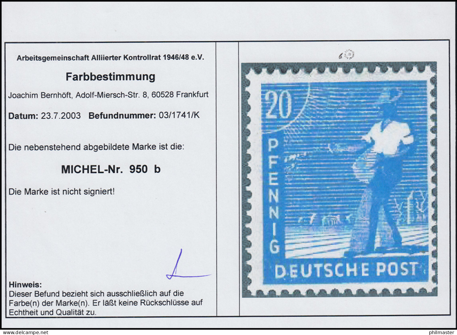 950b Sämann 20 Pf, Dunkelkobaltblau, ** Postfrisch, Befund Bernhöft - Mint