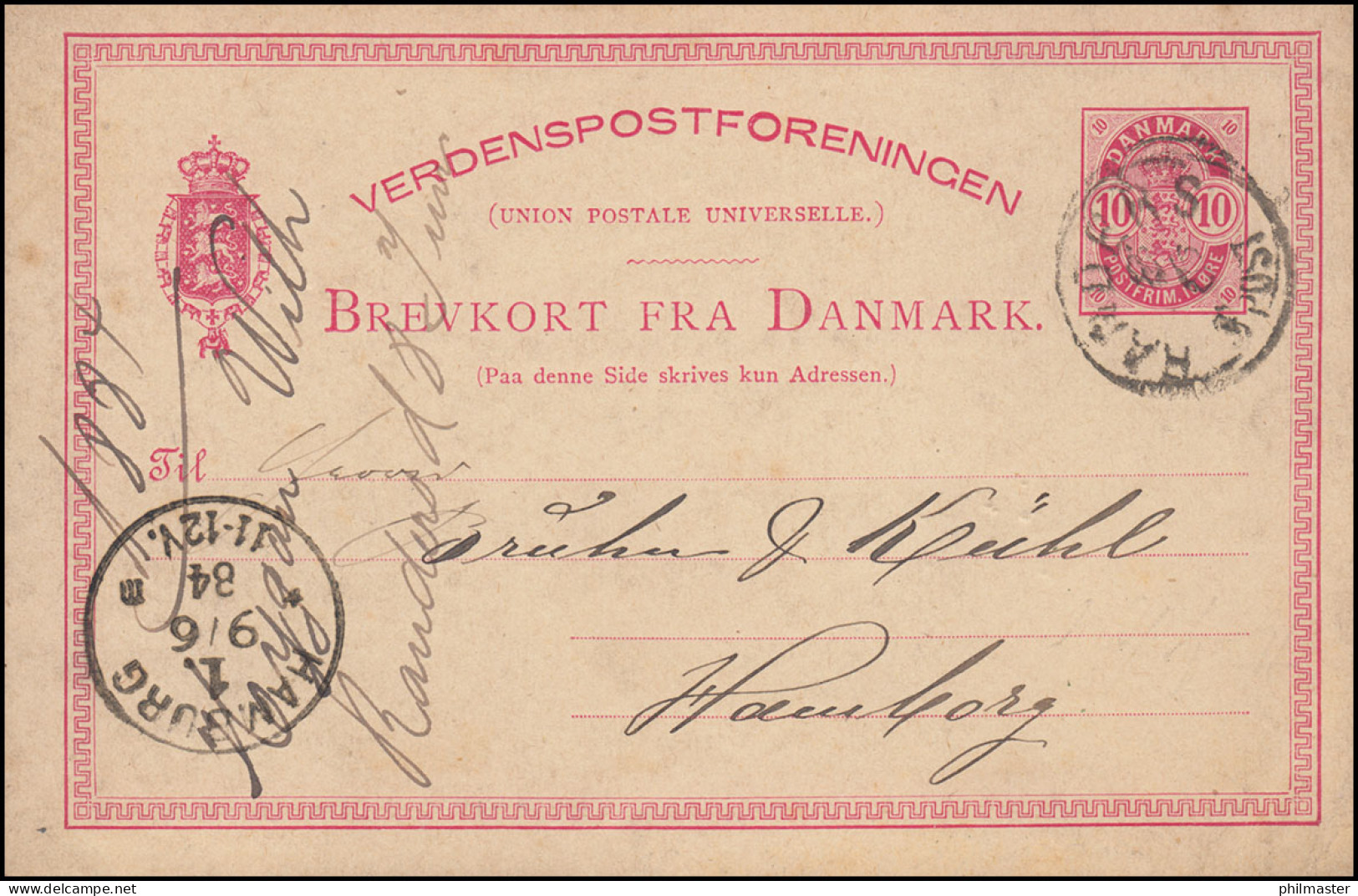 Dänemark Postkarte Wappen Im Oval 10 Öre, RANDERS 8.6. Nach HAMBURG 9.6.1884 - Enteros Postales