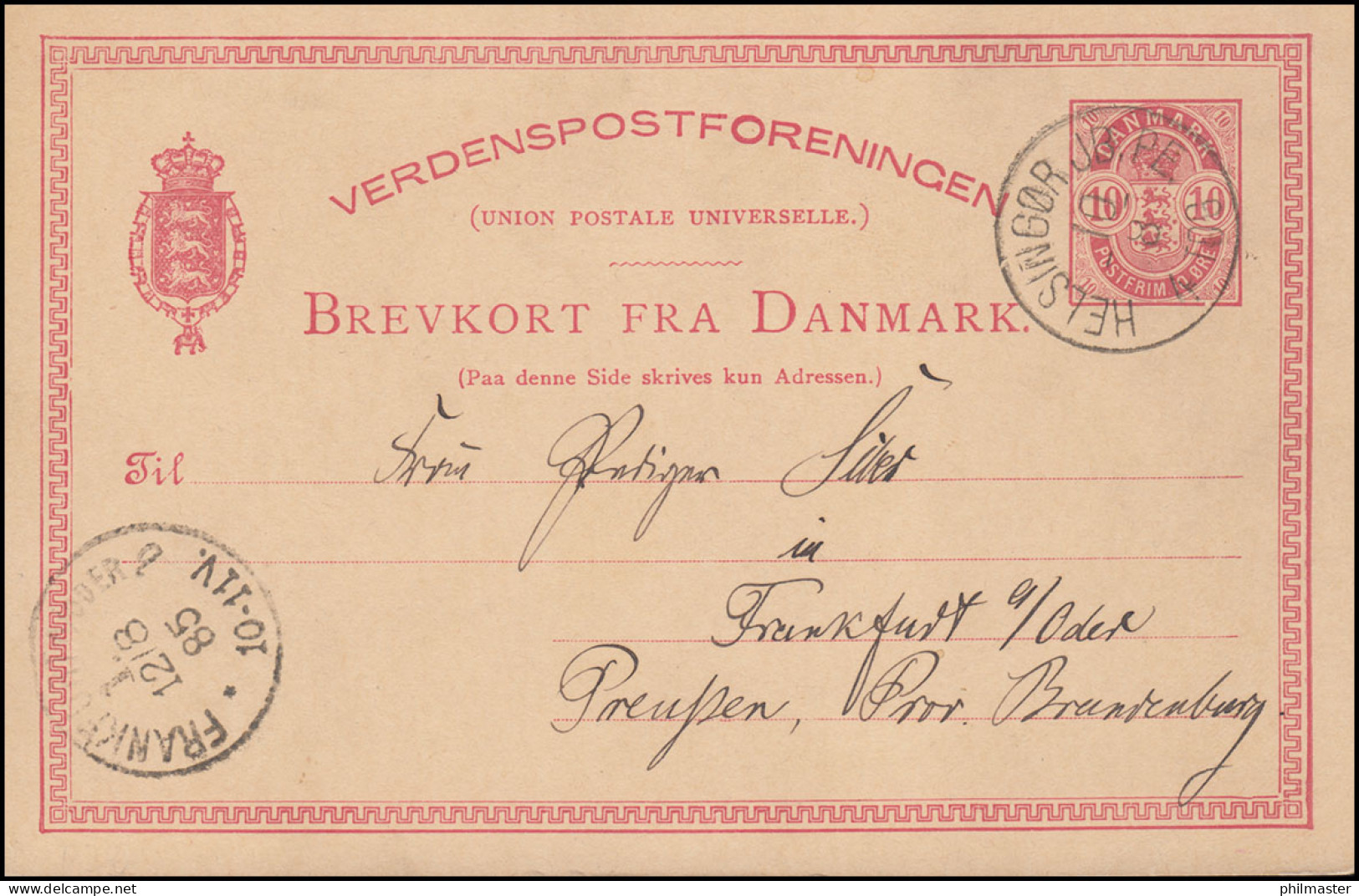 Dänemark Postkarte Wappen Im Oval 10 Öre HELSINGOR JB.PE. 10.8.85 Nach Frankfurt - Postwaardestukken