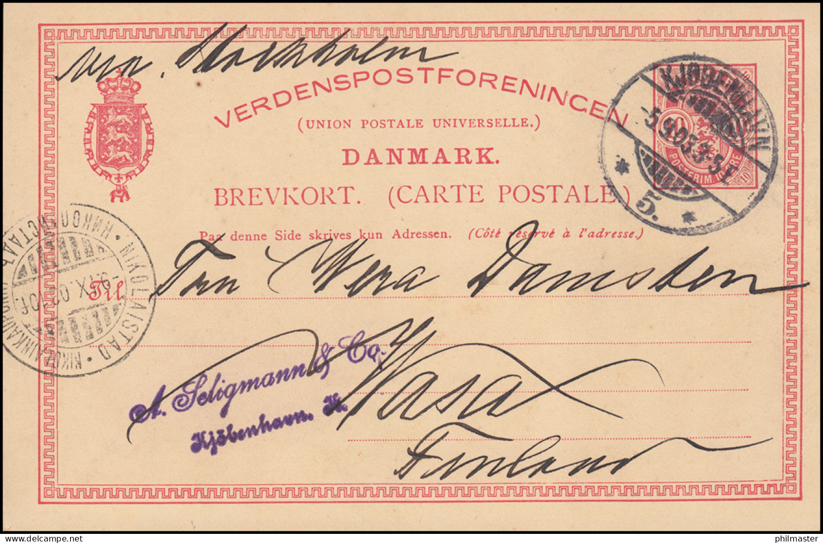 Dänemark Postkarte Wappen Im Oval 10 Öre KJOBENHAVN 5.9.1903 Nach VASA - Entiers Postaux
