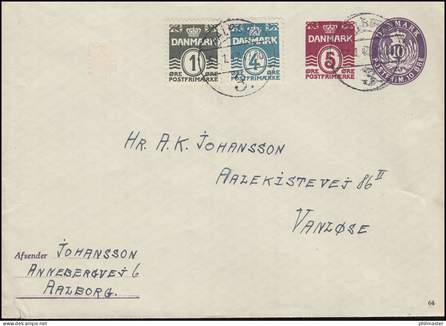 Dänemark Umschlag U 52 Kz. 64 Mit Passender Zusatzfrankatur AALBORG 1947 - Postal Stationery