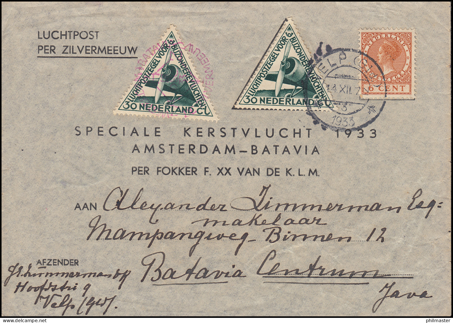 KLM-Weihnachtsflug Silvermeeuw-Brief AMSTERDAM-BATAVIA 18.12.33 Ab VELP 14.12. - Airmail