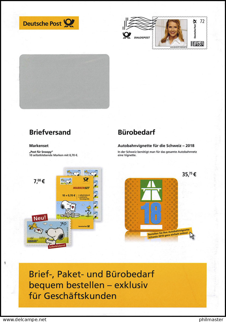 Plusbrief EAI B 100 Dialogpost Frauenportrait 72 Cent Snoopy Autobahnvignette  - Enveloppes - Neuves