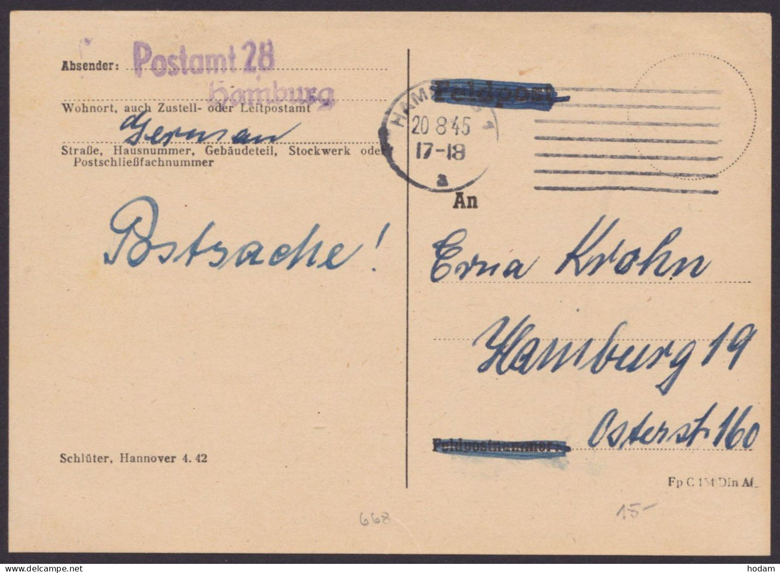 Hamburg 28: "Postsache", 20.8.45 Auf Feldpostkarte - Brieven En Documenten