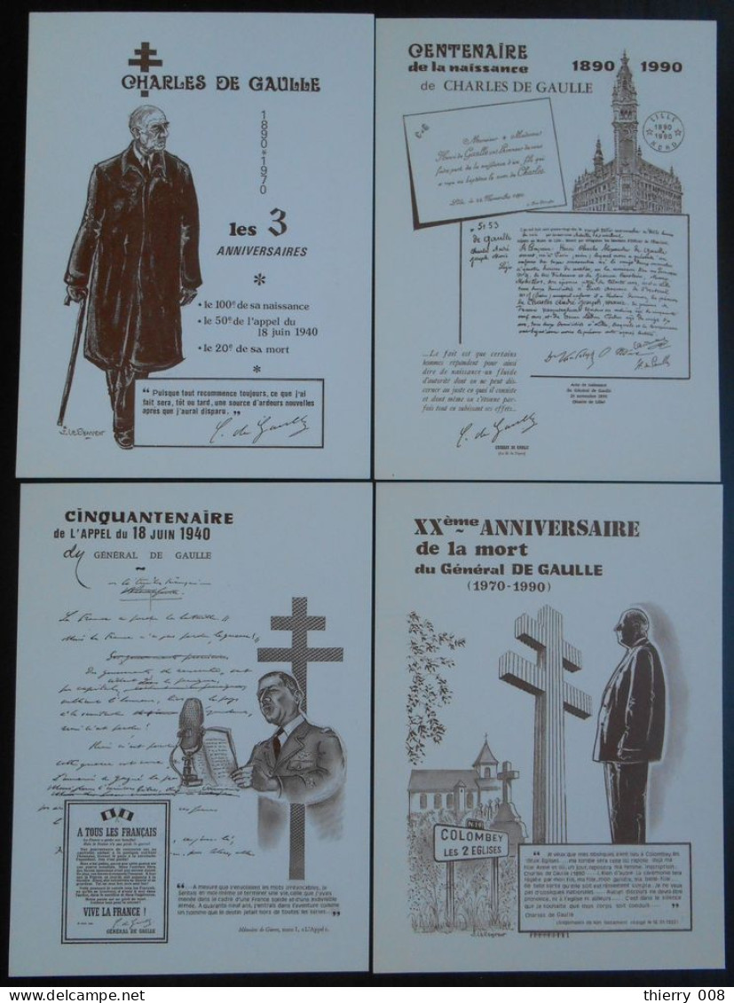 22 / Lot De 4 Cartes Charles De Gaulles Les 3 Anniversaires Naissance Appel 18 Juin Mort Du Général - Storia