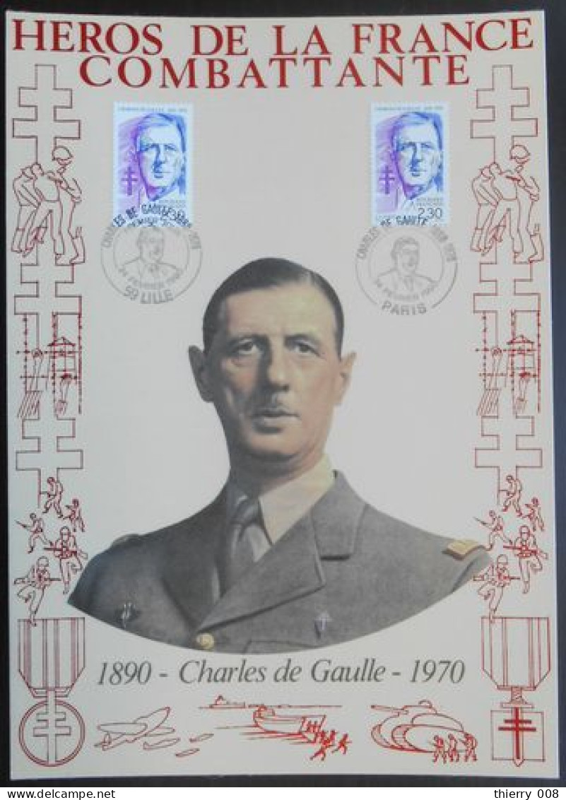 Héros De La France Combattante Charles De Gaulle Timbres De Gaulle Oblitérés Premier Jour Paris Et Lille 24 Février 1990 - WW2