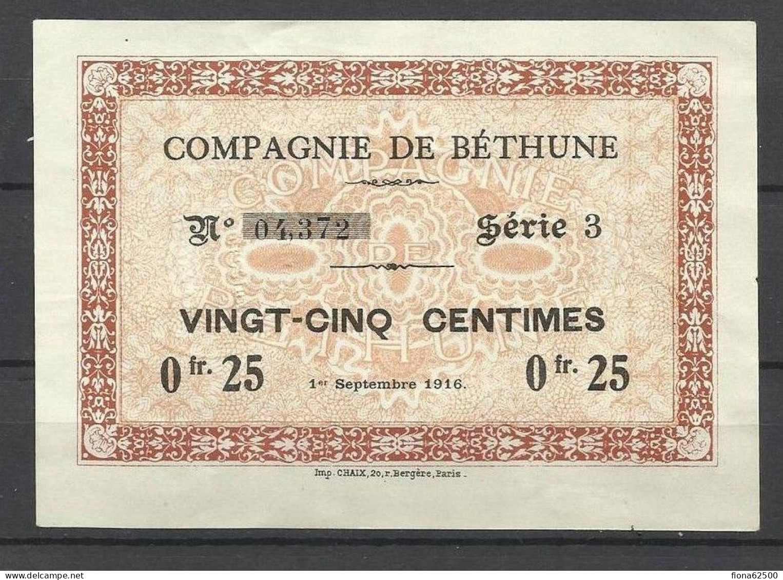 COMPAGNIE DE BETHUNE . 25 Centimes . - Bons & Nécessité