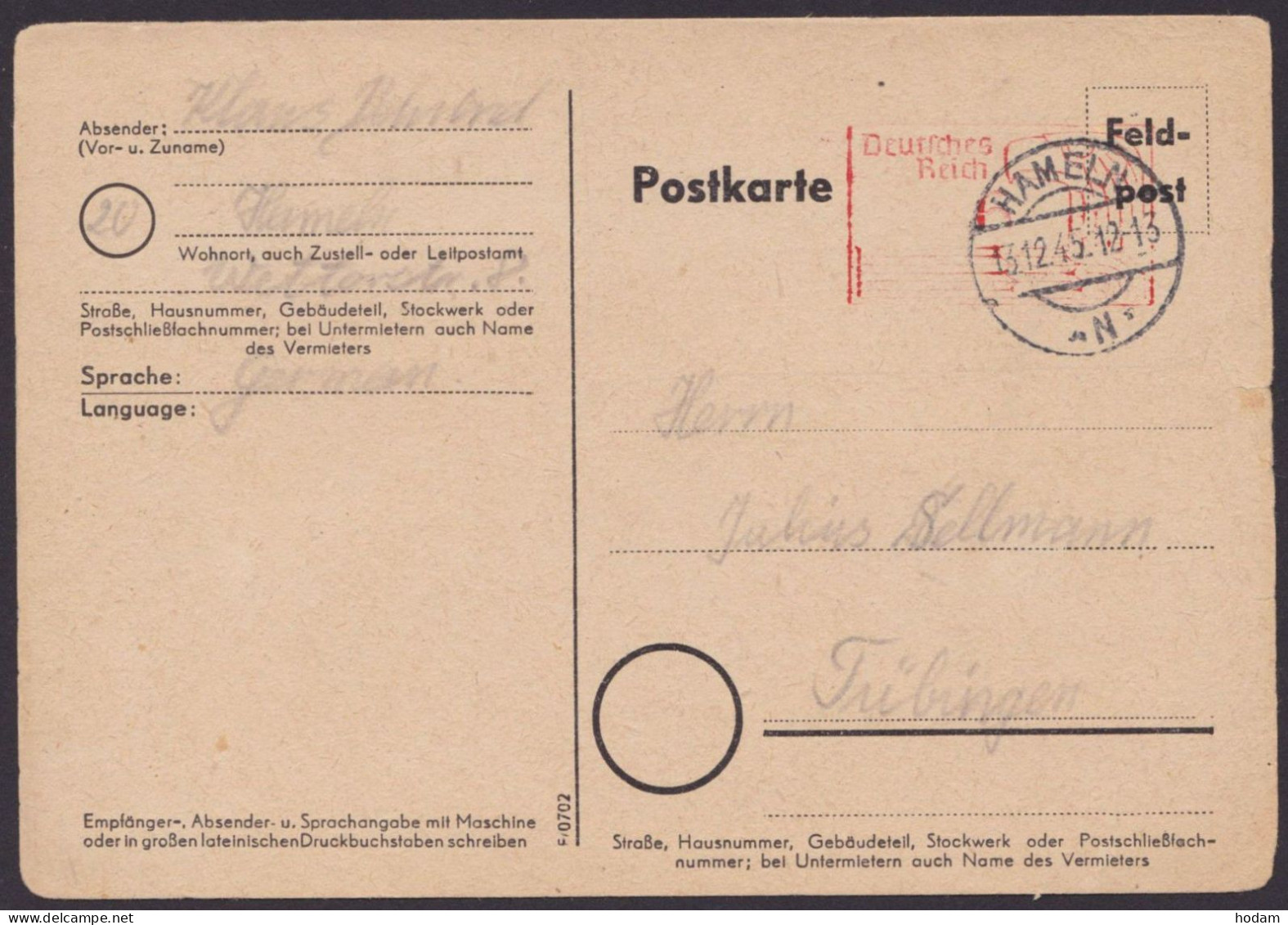 Hameln: PA 05, O, Bedarf, 13.12.45 - Covers & Documents