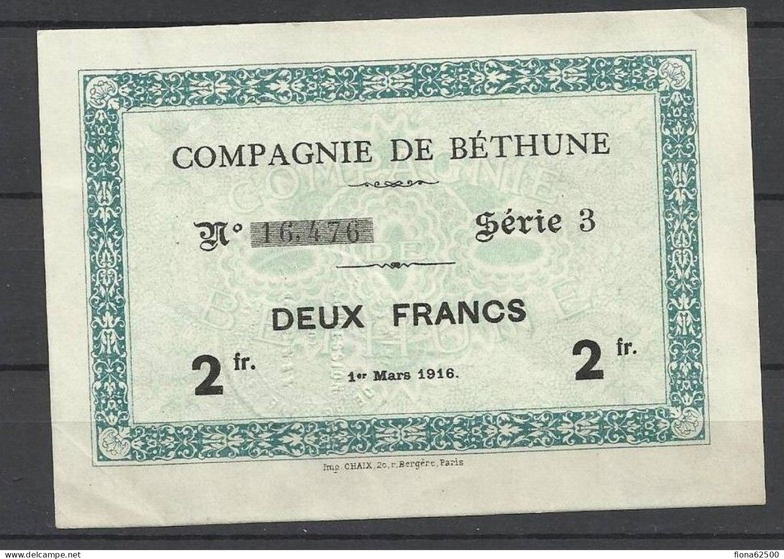 COMPAGNIE DE BETHUNE . 2 FRANCS . - Bonds & Basic Needs