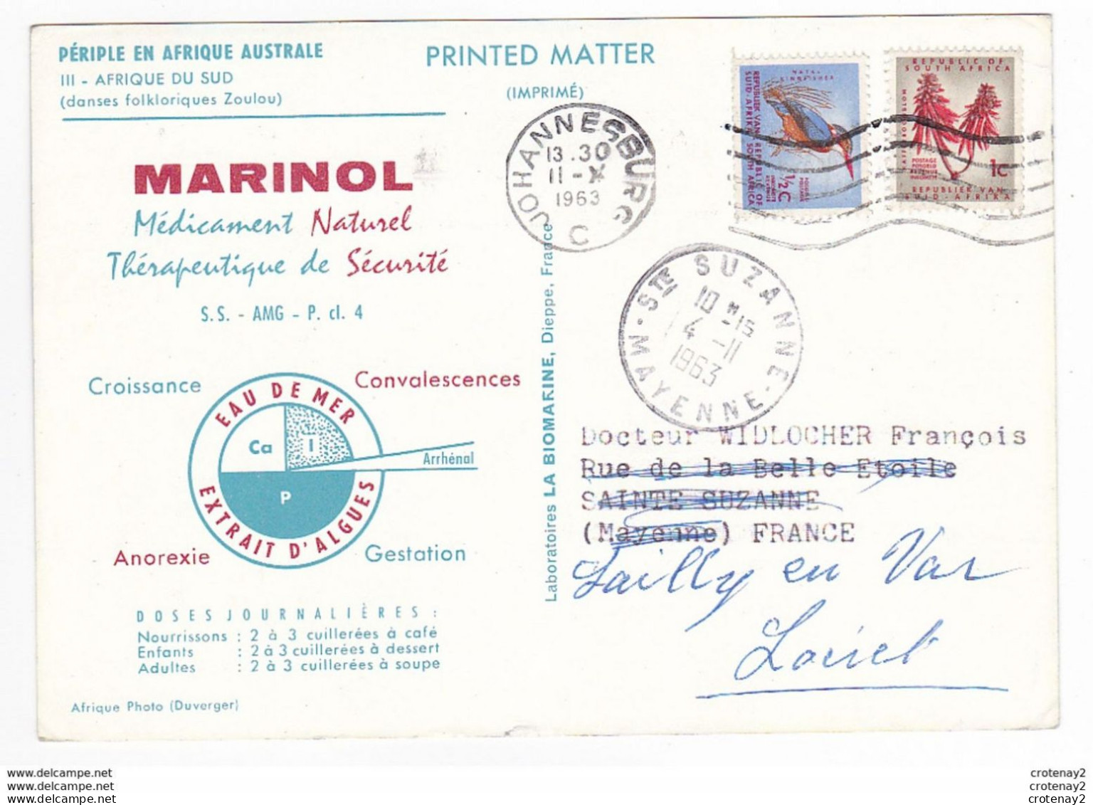 Afrique Du Sud Danses Folkloriques Zoulou VOIR DOS PUB Marinol Labo La Biomarine Dieppe En 1963 Timbres - South Africa