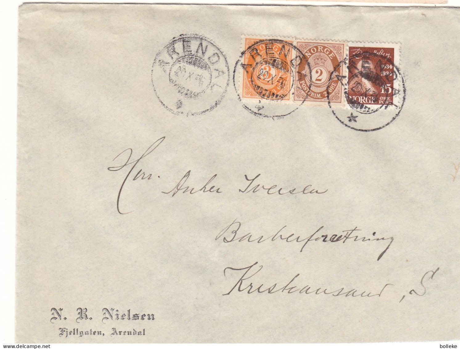 Norvège - Lettre De 1936 - Oblit Arendal - Exp Vers Kristiansand - - Lettres & Documents