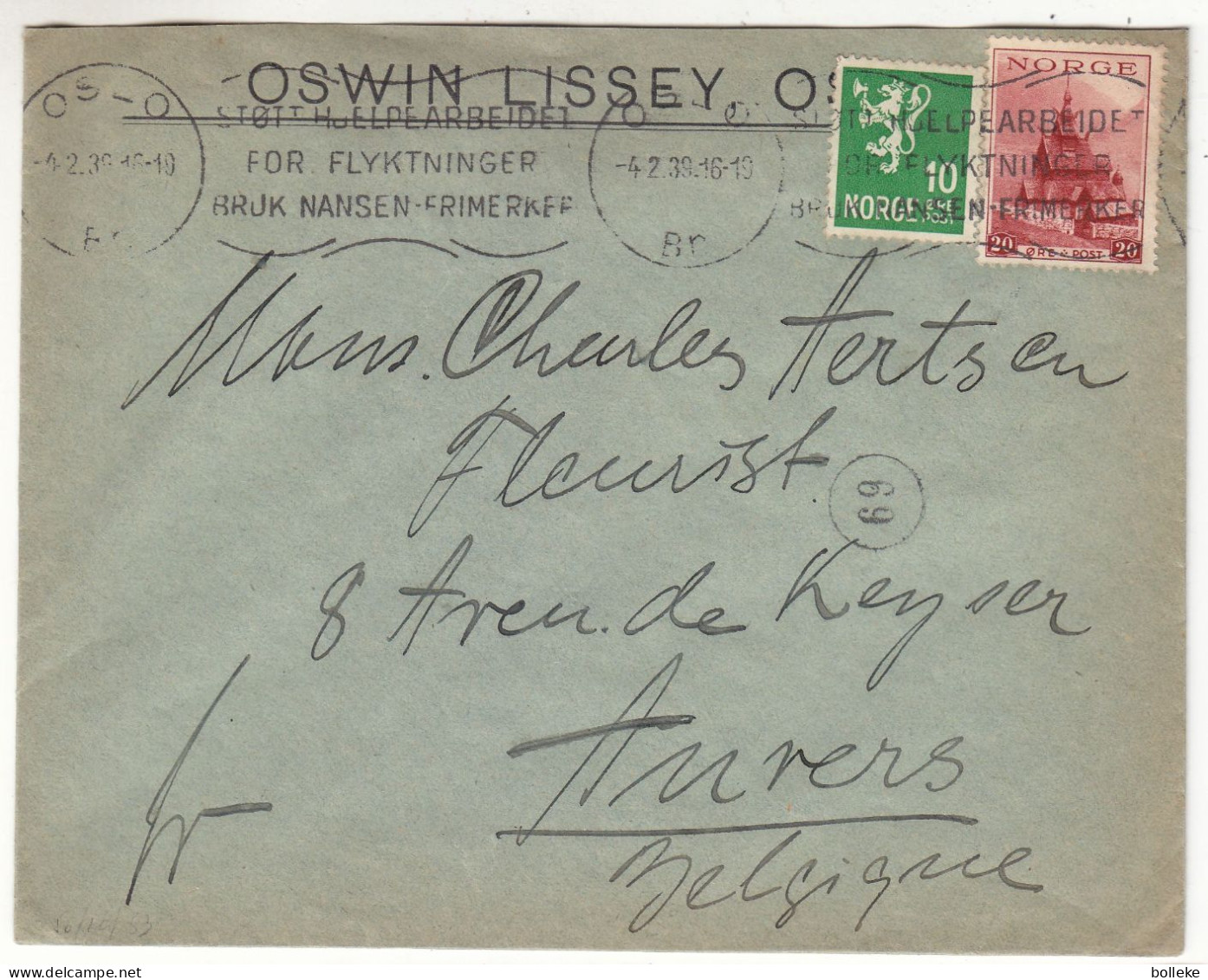 Norvège - Lettre De 1939 - Oblit Oslo - Exp Vers Anvers - - Covers & Documents