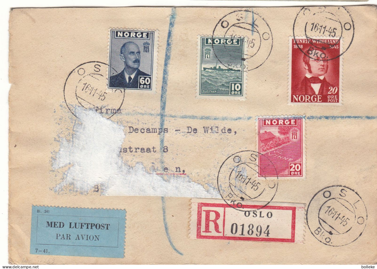 Norvège - Lettre Recom De 1945 - Oblit Oslo - Exp Vers Mechelen - - Lettres & Documents