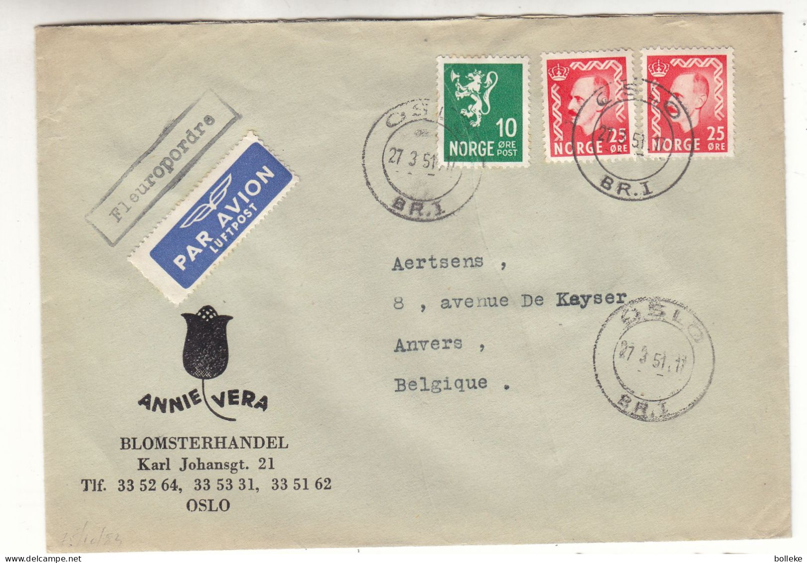 Norvège - Lettre De 1951 - Oblit Oslo - Exp Vers Anvers - Fleuriste - - Brieven En Documenten