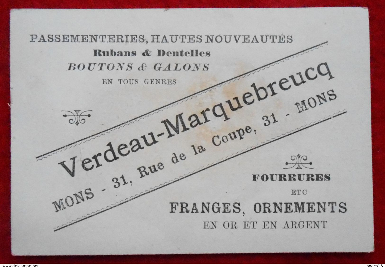 Chromo Publicité. Verdeau-Marquebreucq, Rue De La Coupe, Mons. Passementeries, Rubans, Dentelles, Fourrures... - Other & Unclassified