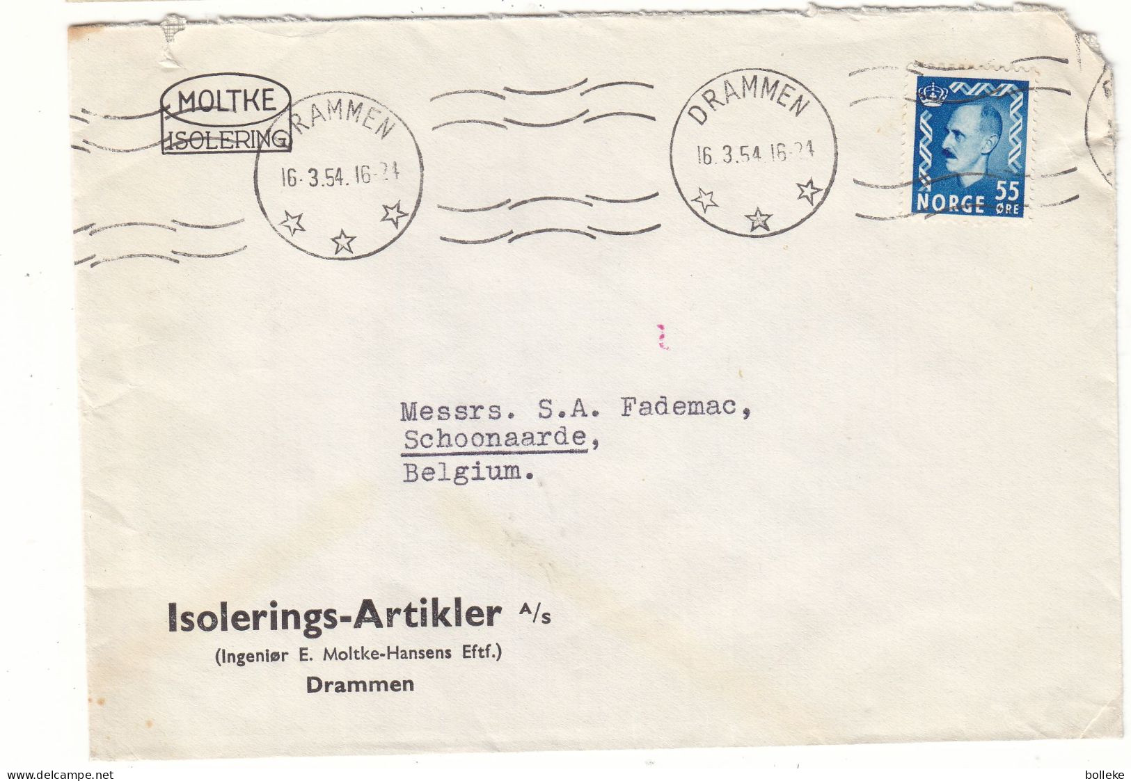 Norvège - Lettre De 1954 - Oblit Drammen - Exp Vers Schoonaarde - - Briefe U. Dokumente