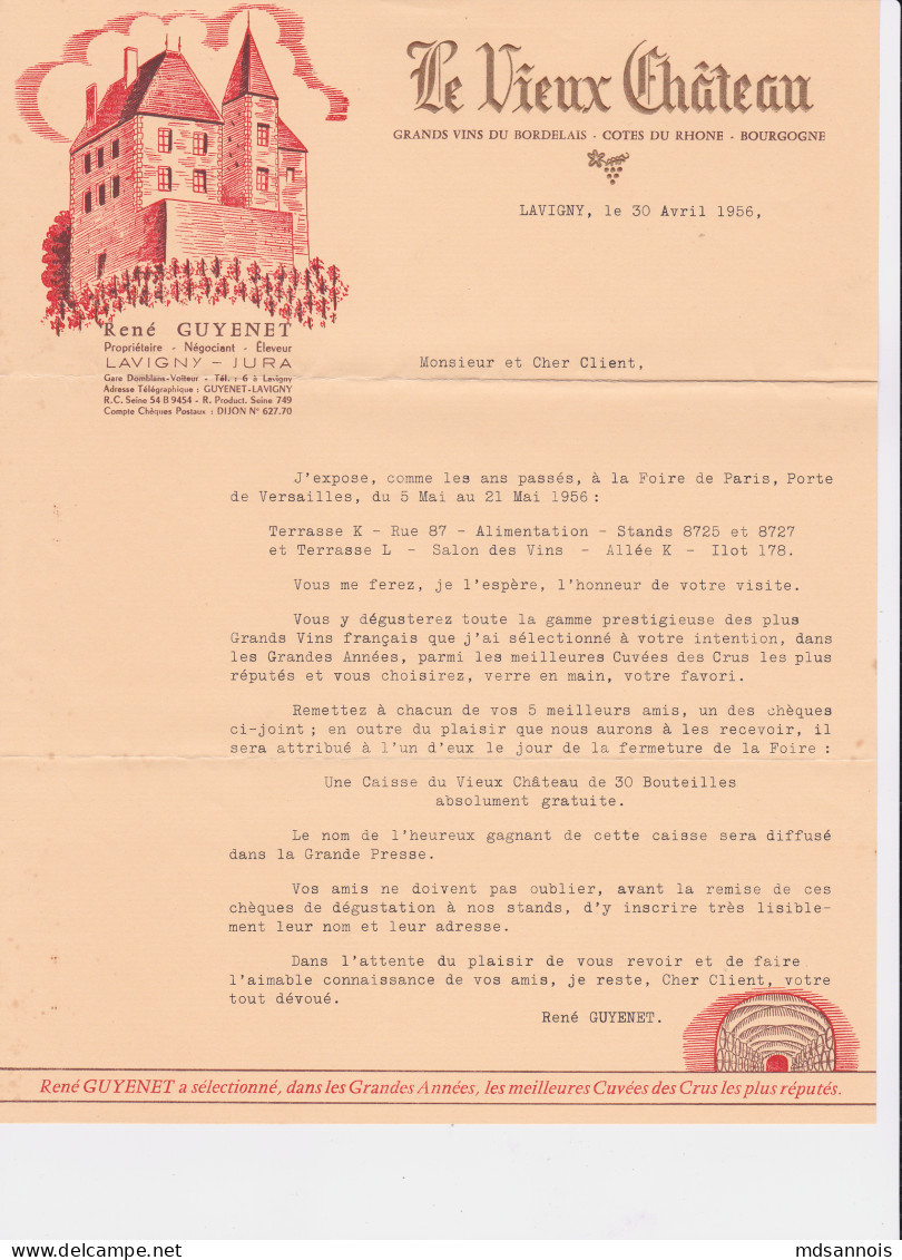 Le Vieux Château Lavigny Jura René Guyenet Lettre Foire De Paris 1956 Salon Des Vins 4 Chèques Dégustations Port 100g - 1950 - ...