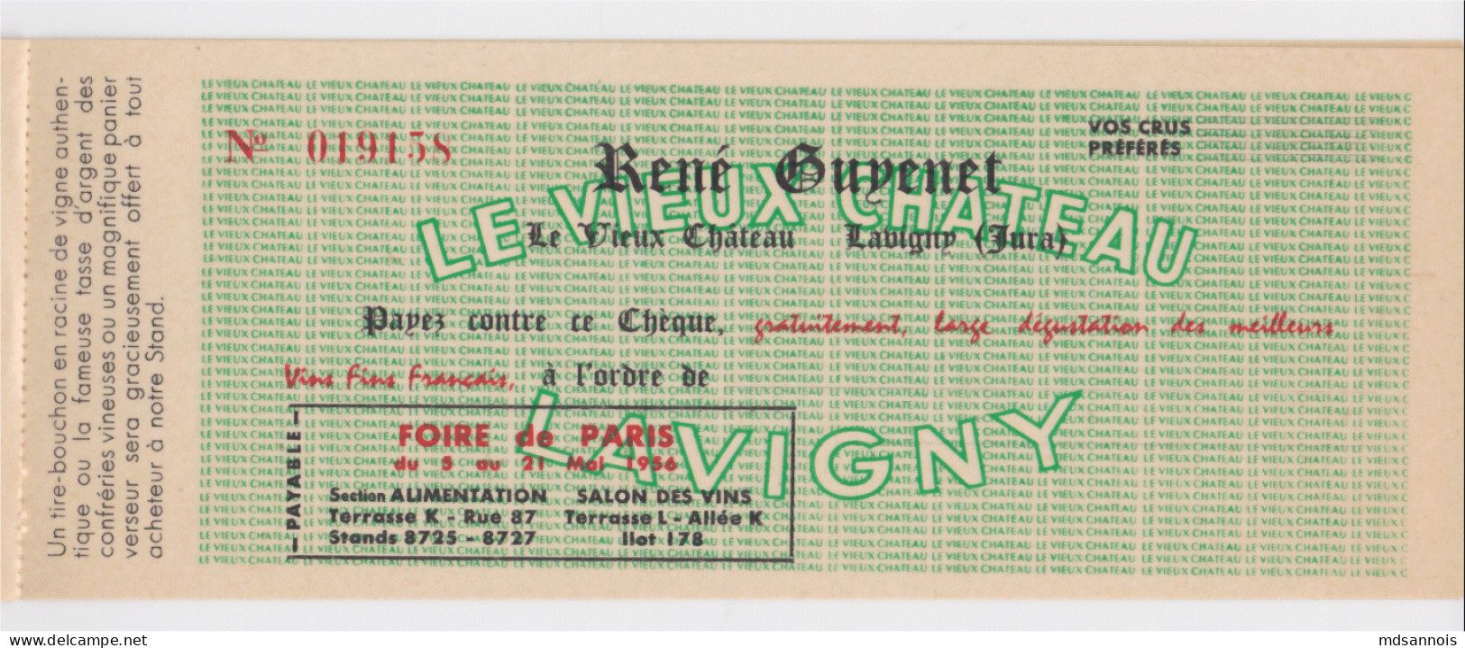 Le Vieux Château Lavigny Jura René Guyenet Lettre Foire De Paris 1956 Salon Des Vins 4 Chèques Dégustations Port 100g - 1950 - ...