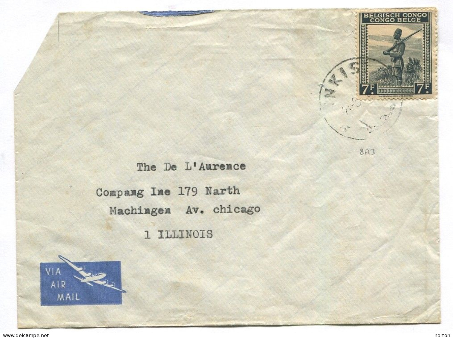 Congo Inkisi Oblit. Keach 8A3 Sur C.O.B. 244A Sur Lettre Vers Chicago - Covers & Documents