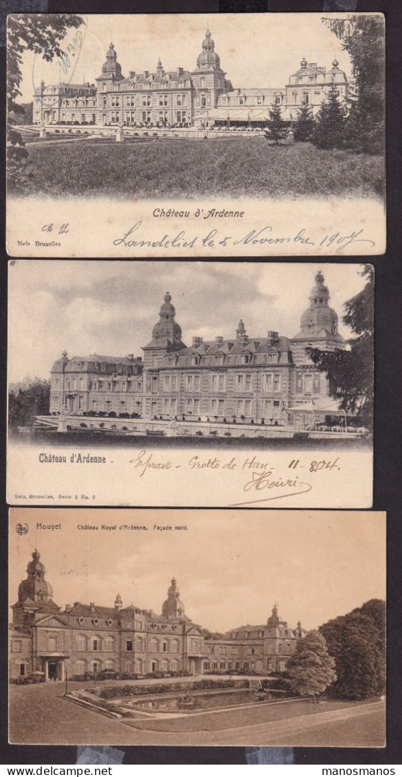 DDFF 890 -- Chateau D Ardenne à HOUYET - 3 Cartes-Vues TP Armoiries Cachets Relais à Etoiles 1904/1908 - 1893-1907 Wappen