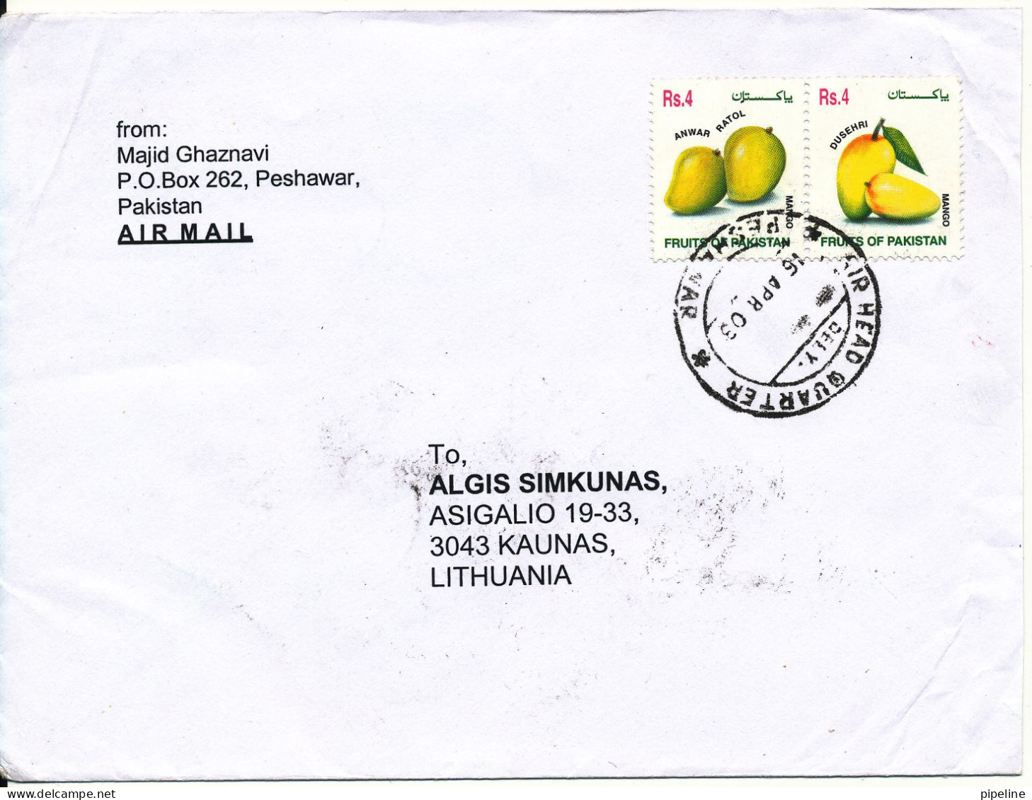 Pakistan Cover Sent To Lithuania 16-4-2003 Topic Stamps FRUITS Also A Stamp On The Backside Of The Cover - Pakistan