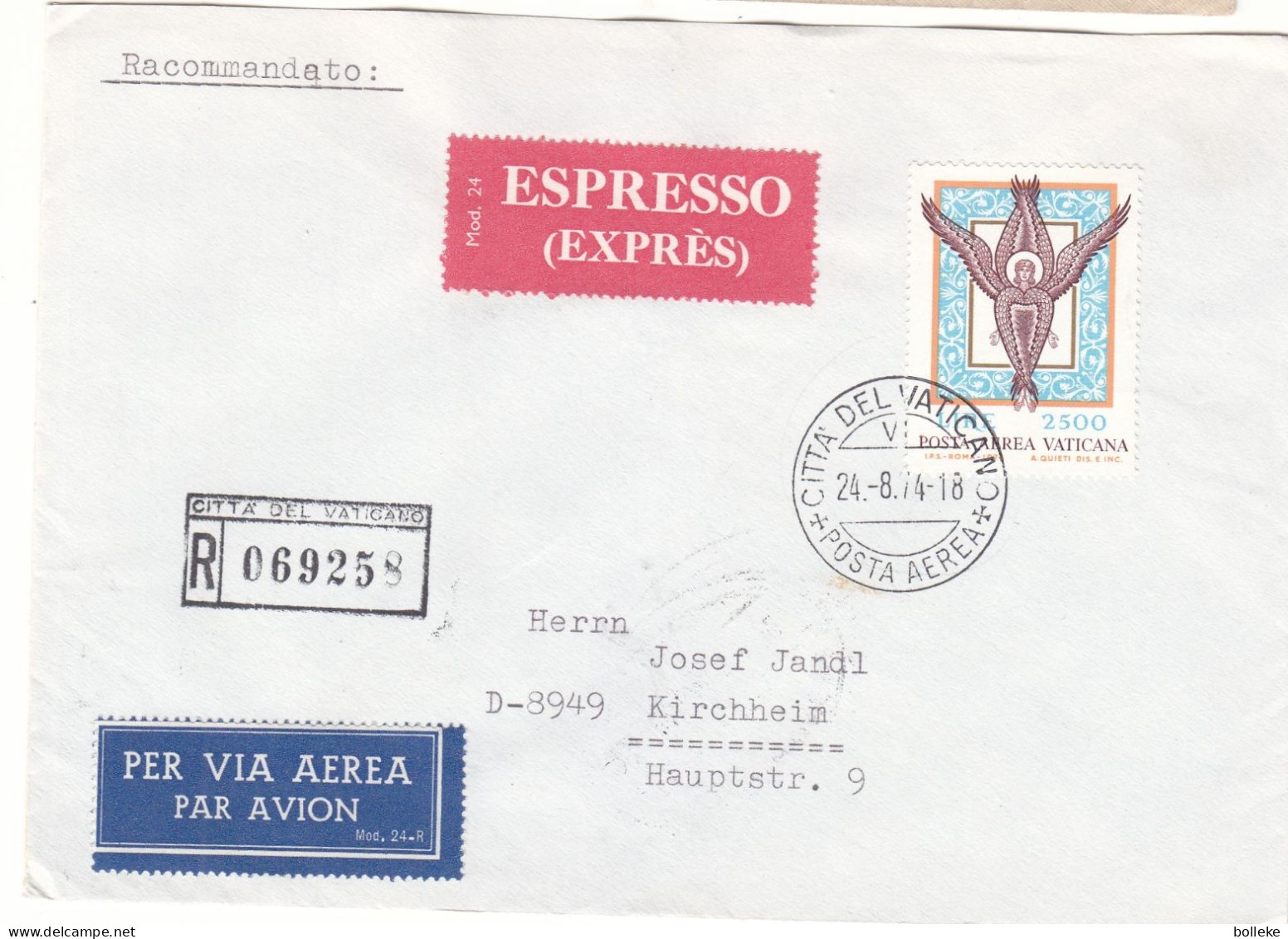 Vatican - Lettre Recom Exprès De 1974 - Oblit Citta Del Vaticano - Exp Vers Kirchheim - Cachet Train Stuttgart München - - Lettres & Documents