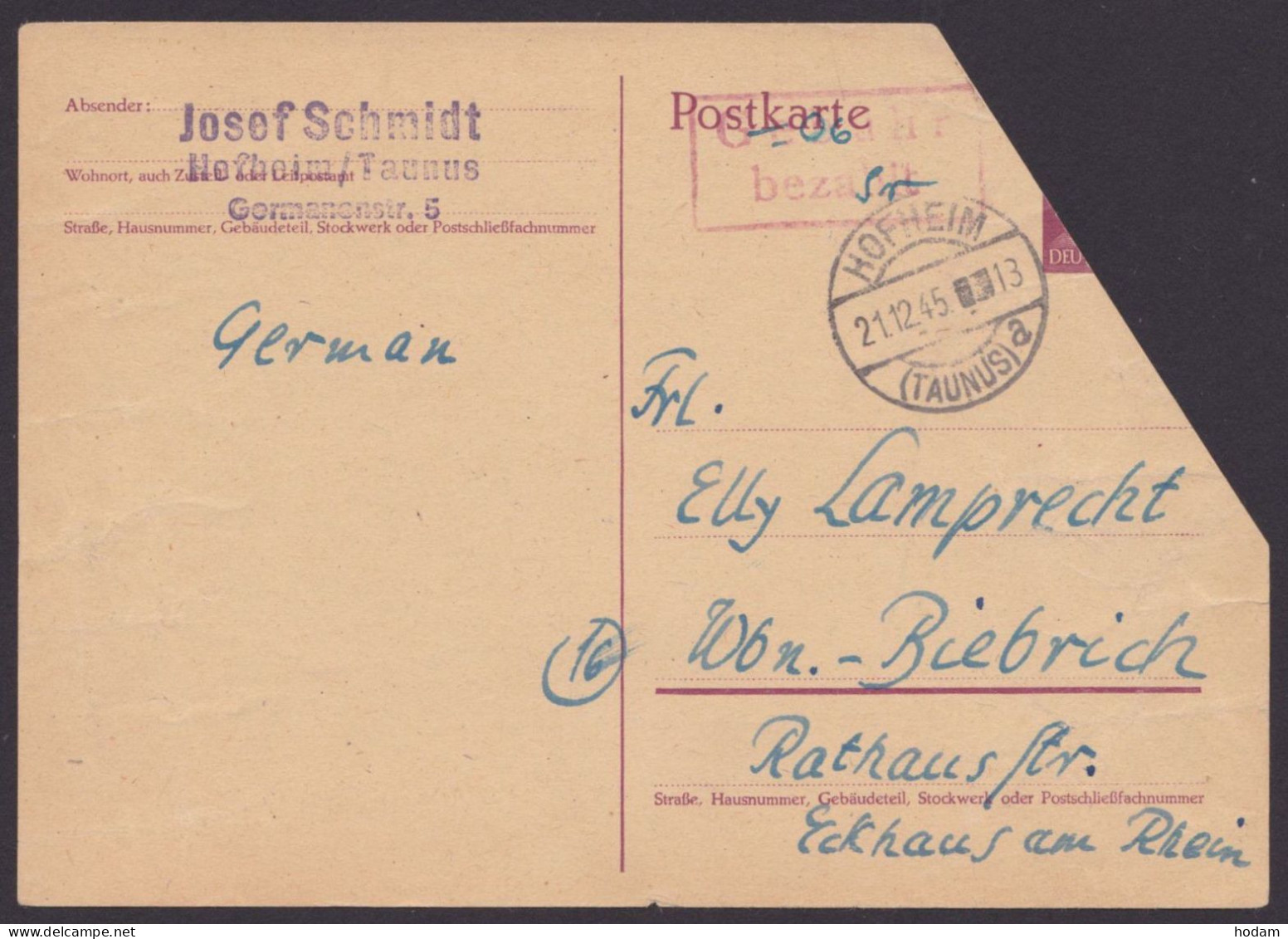 Hofheim/Taunus: DR P299, O, Wertzeichen Abgeschnitten, Roter Ra "Gebühr Bezahlt", Handschr. "06", Bedarf 21.12.45 - Storia Postale