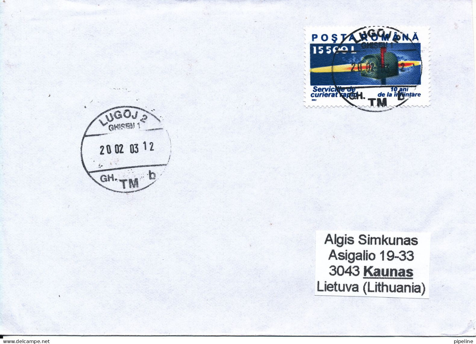 Romania Cover Sent To Lithuania 20-2-2003 Single Franked - Brieven En Documenten