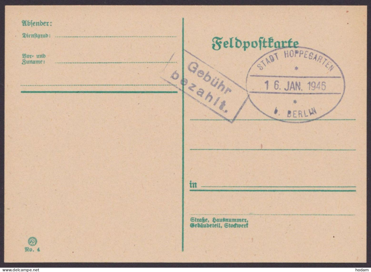 Hoppegarten: Feldpostkarte, O, Mit Ra "Gebühr Bezahlt", 16.1.46, Blanko - Covers & Documents