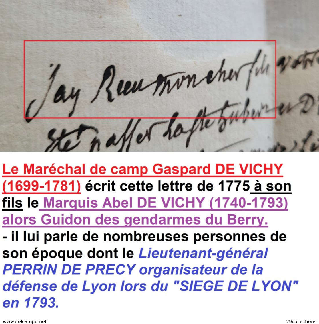 Autographe 1775 Maréchal de camp DE VICHY (1699-1781) à son fils Marquis Abel DE VICHY l'ami de CASANOVA & Mage MESMER