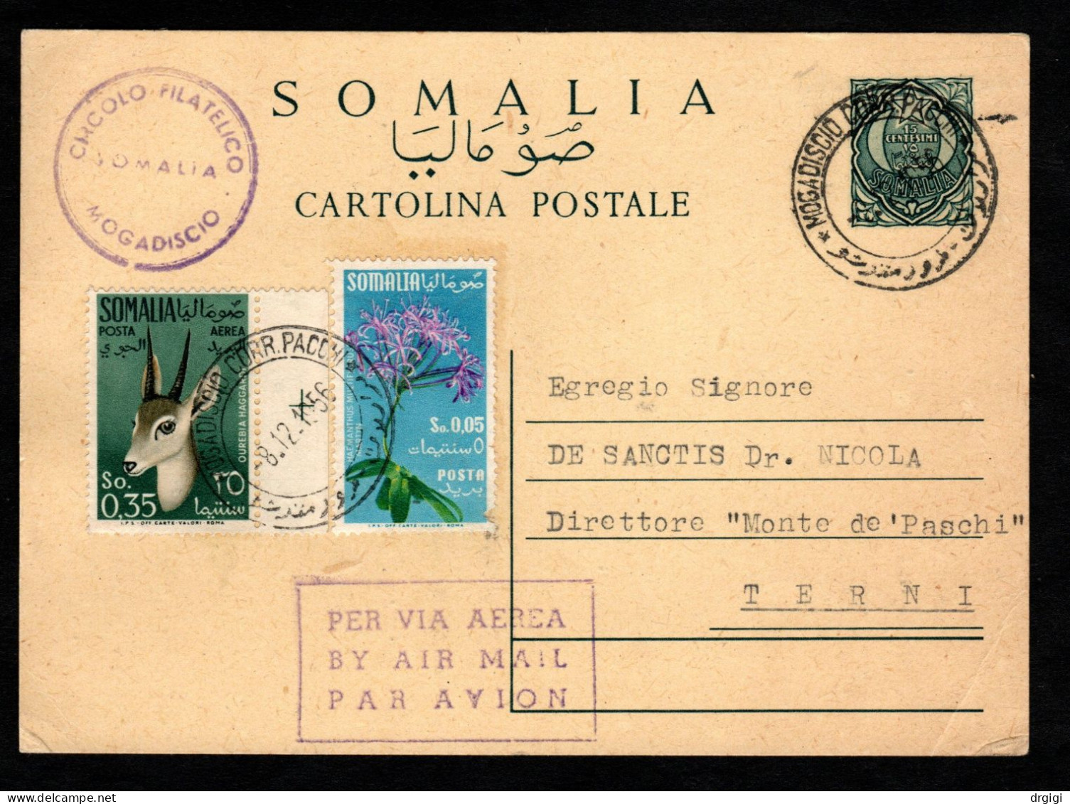 SOMALIA AFIS, 1956, INTERO POSTALE C 25, MOGADISCIO X TERNI - Somalia (AFIS)